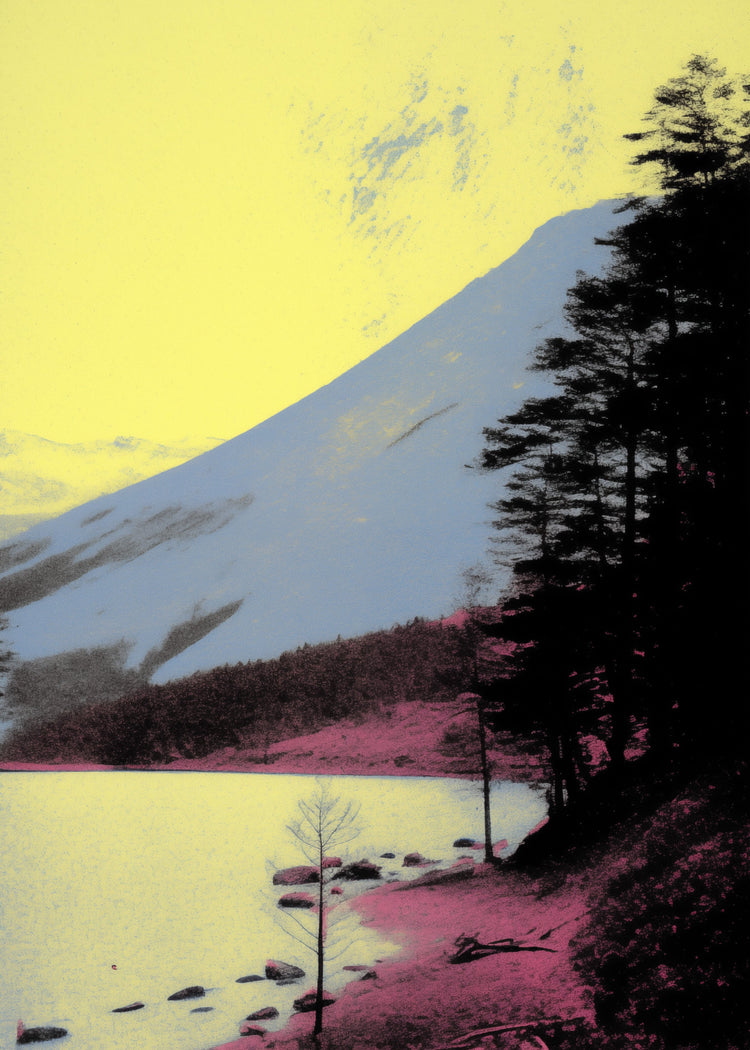 Set of 3 colorful Landscapes Artwork Fine Art Prints of a mountain landscape with trees and a lake, a yellow sky, pink, blue and black tones.