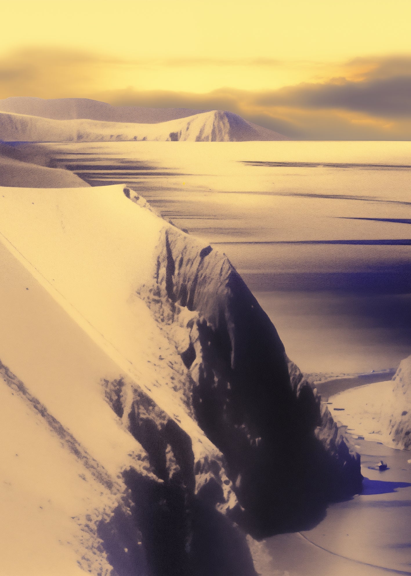 Set of 8 Landscapes Artwork print showing an aerial view of a snow-covered surface of the sea sparkling under sunlight, with small hills in the foreground, white sand blowing around, soft yellow sky