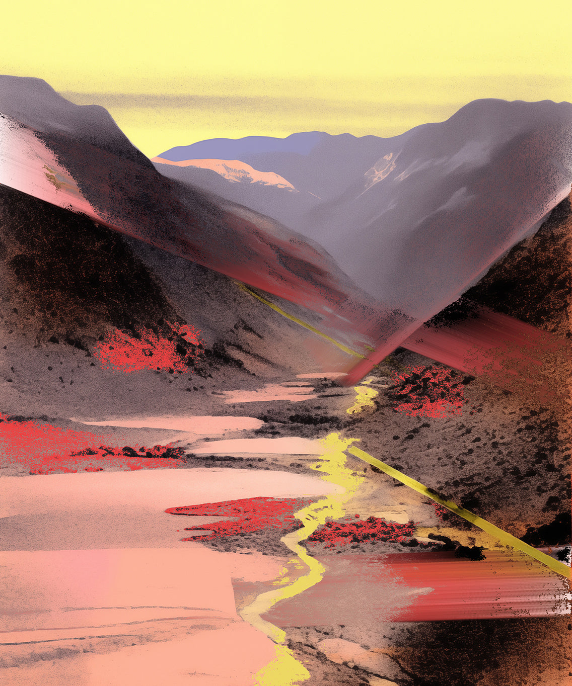 Set of 3 Artwork prints of mountains and rivers, with a yellow stream flowing through the center. The background features pinkish red and light gray tones, creating an abstract style that is minimalist in color scheme