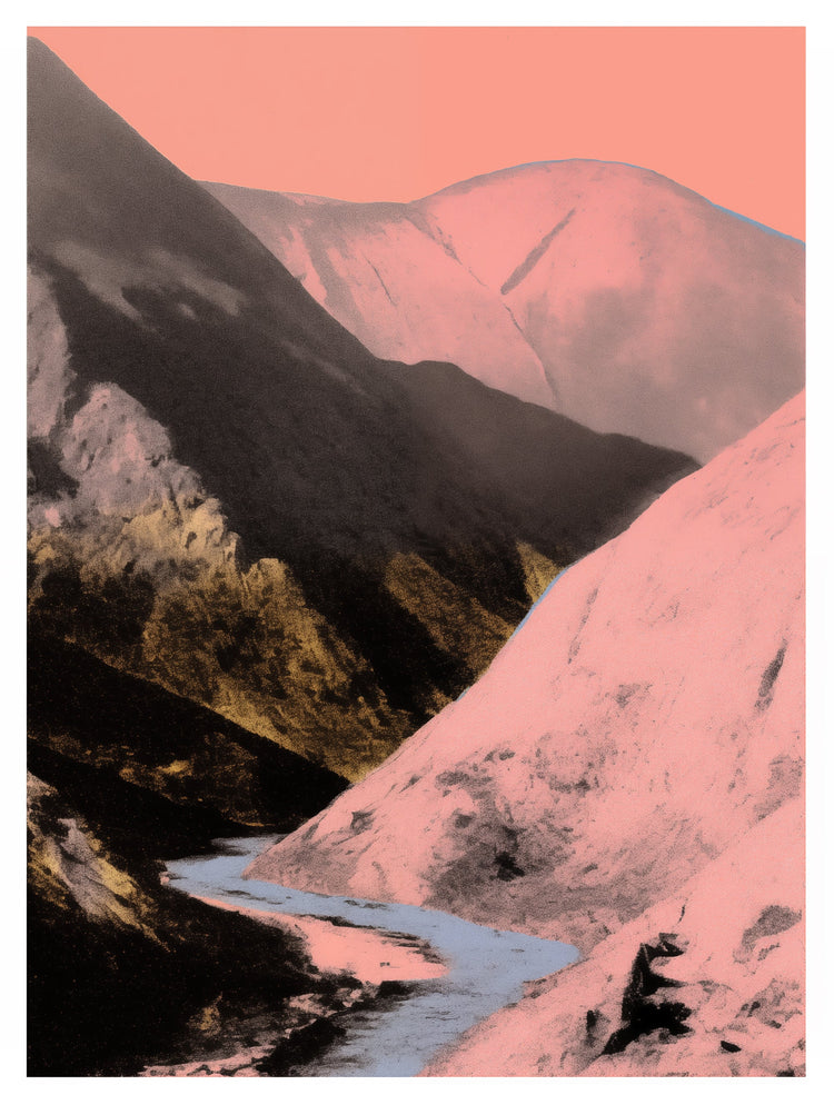 experimental vintage photograph of the mountains and river in pink, black, white and blue tones. The image is rendered in the style of an early 20th century photographer experimenting with limited colors and tones