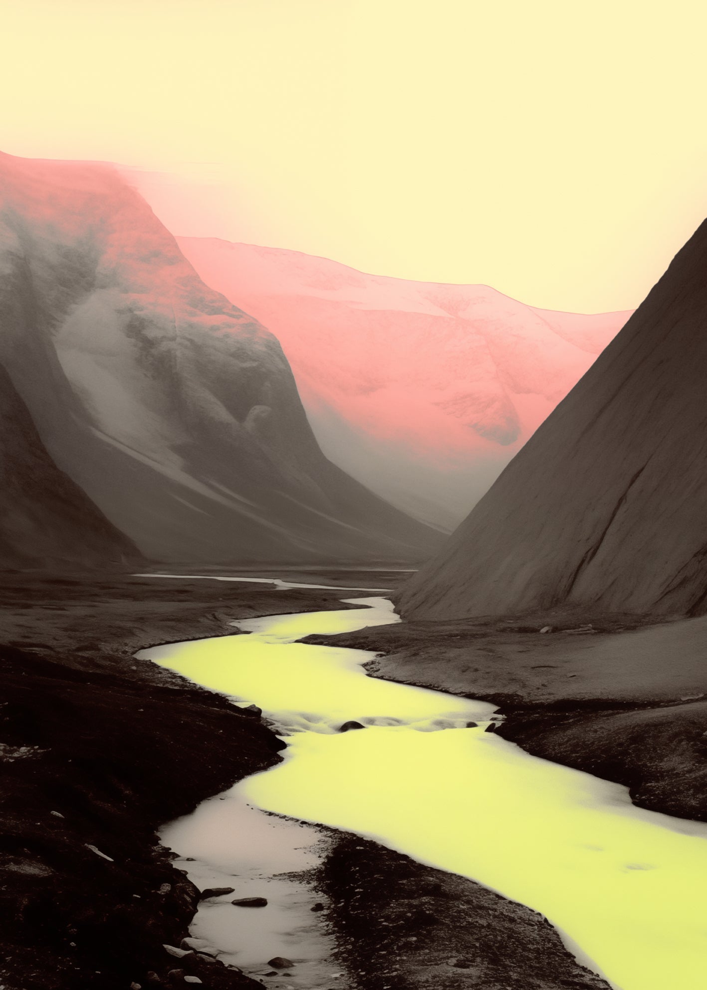 Landscapes Artwork print of a river flowing through mountains, a yellowish pink sky, in the style of National Geographic photo, light white and black, futuristic, with a film grain effect, light red, atmospheric perspective, timelapse photography.