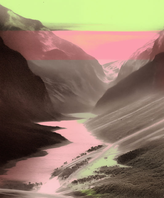 A valley in the mountains, a river flowing through it, a black and white photo with with a subtle yet captivating gradient of pink and green, a surreal landscape in the style of retro color photography.