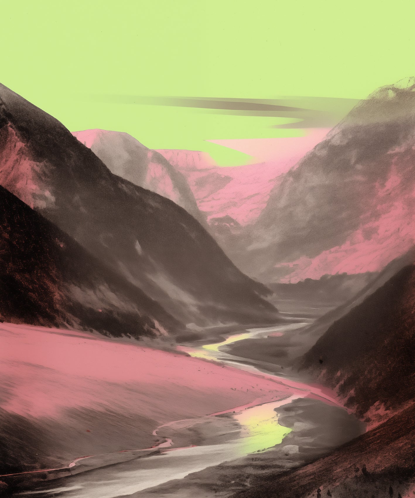 A valley in the mountains, a river flowing through it, a black and white photo with a subtle yet captivating gradient of pink and green in the style of retro color photography.