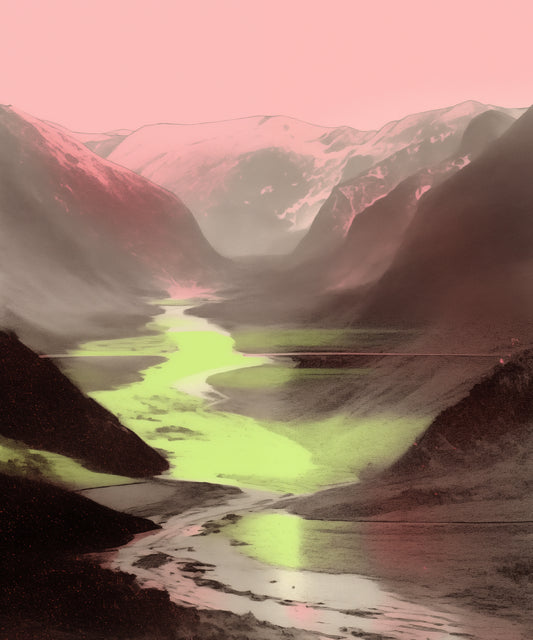 A valley in the mountains, a river flowing through it, a black and white photo with a subtle yet captivating gradient of pink and green in the style of retro color photography.