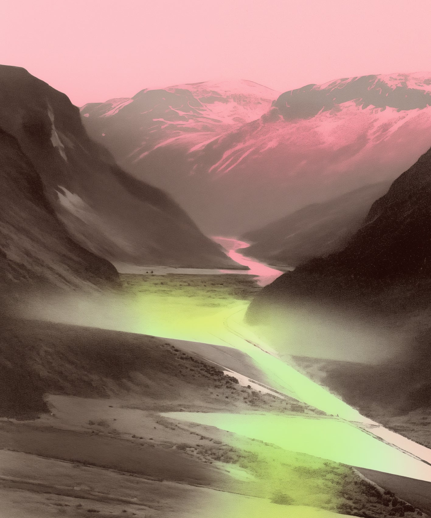 A valley in the mountains, a river flowing through it, a black and white photo with a subtle yet captivating gradient of pink and green in the style of retro color photography.