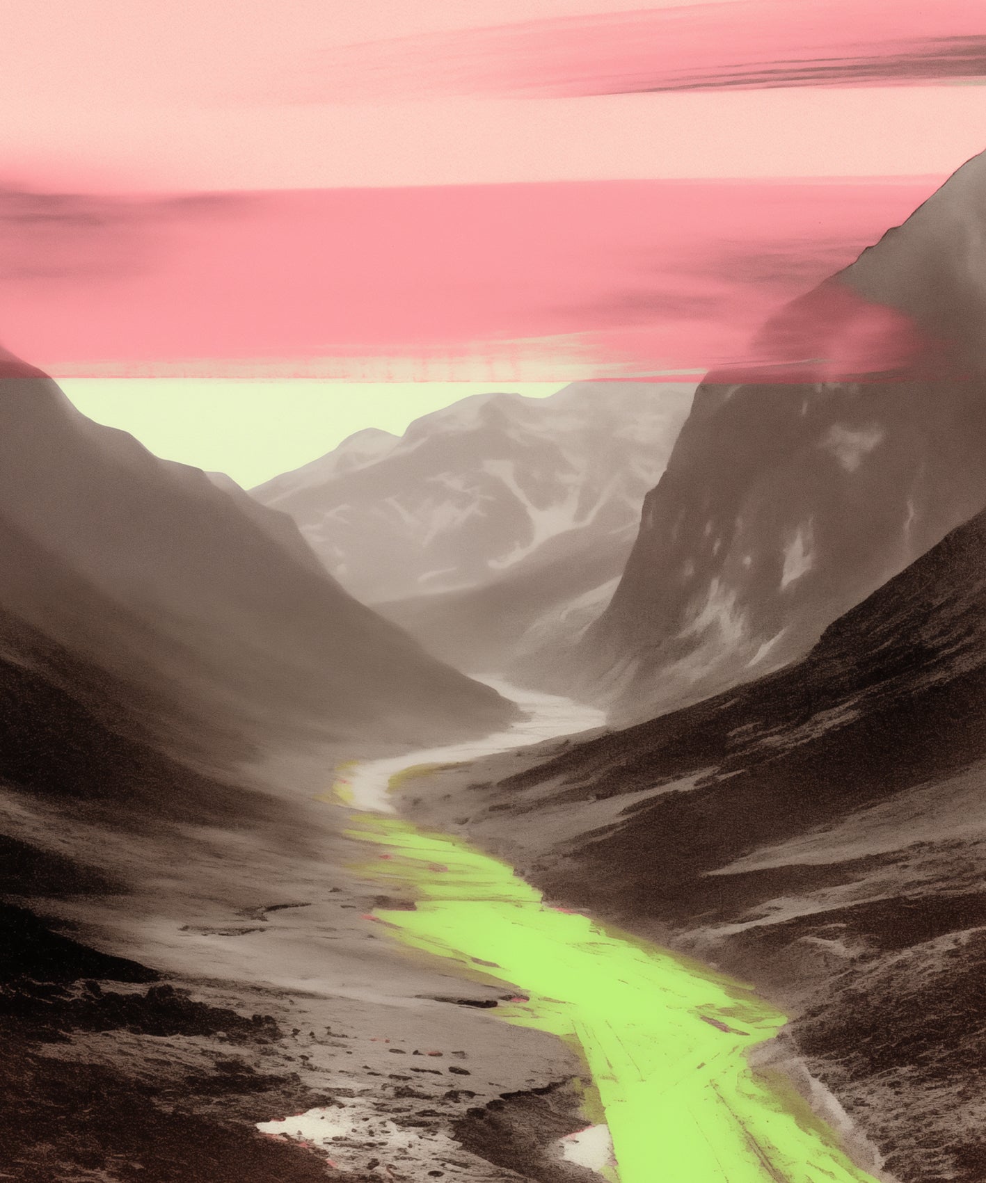 A valley in the mountains, a river flowing through it, a black and white photo with a subtle yet captivating gradient of pink and green in the style of retro color photography.