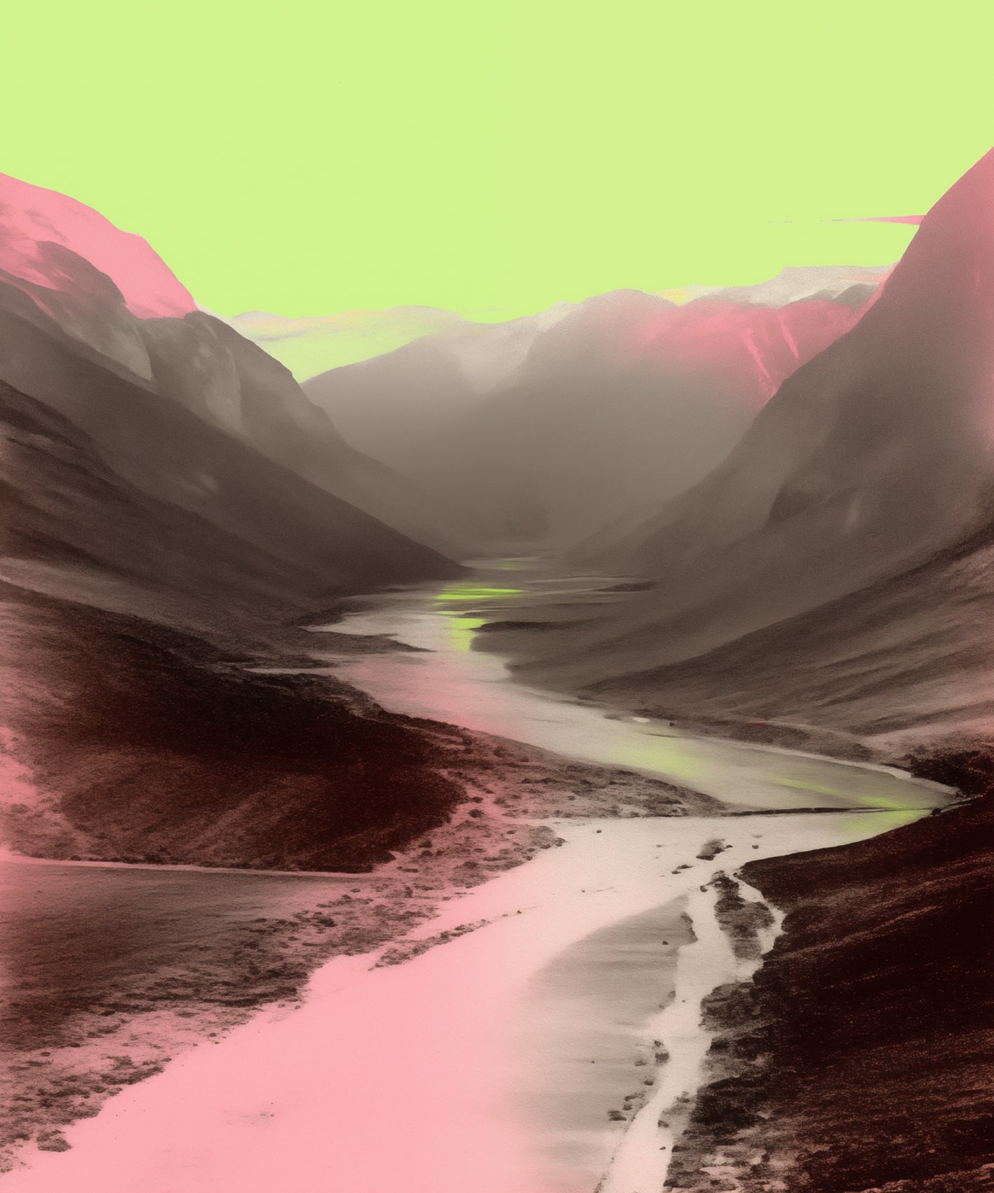 A valley in the mountains, a river flowing through it, a black and white photo with a subtle yet captivating gradient of pink and green in the style of retro color photography.