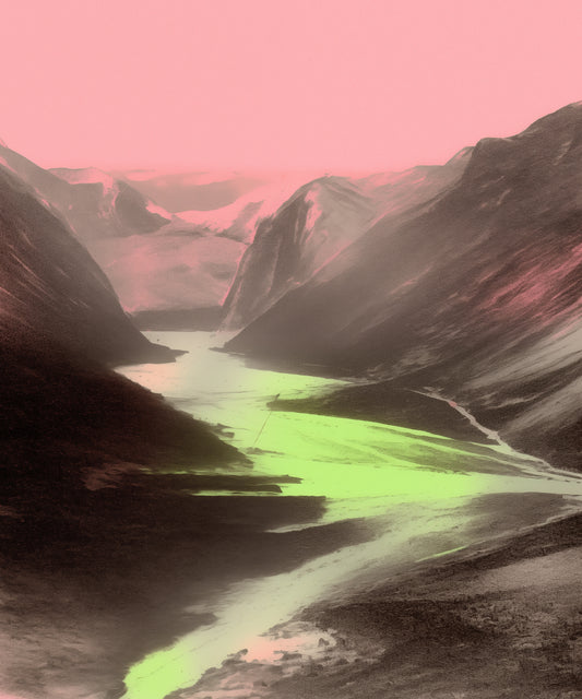 A valley in the mountains, a river flowing through it, a black and white photo with a subtle yet captivating gradient of pink and green in the style of retro color photography.