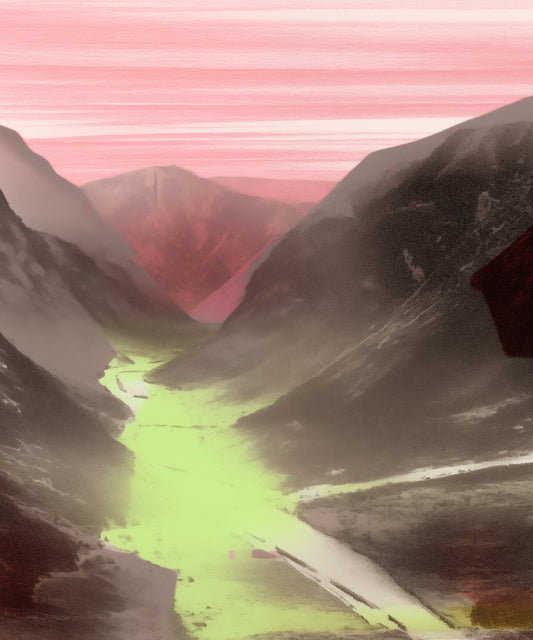 A valley in the mountains, a river flowing through it, a black and white photo with a subtle yet captivating gradient of pink and green in the style of retro color photography.