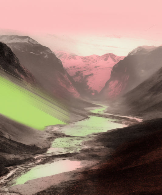 A valley in the mountains, a river flowing through it, a black and white photo with a subtle yet captivating gradient of pink and green in the style of retro color photography.