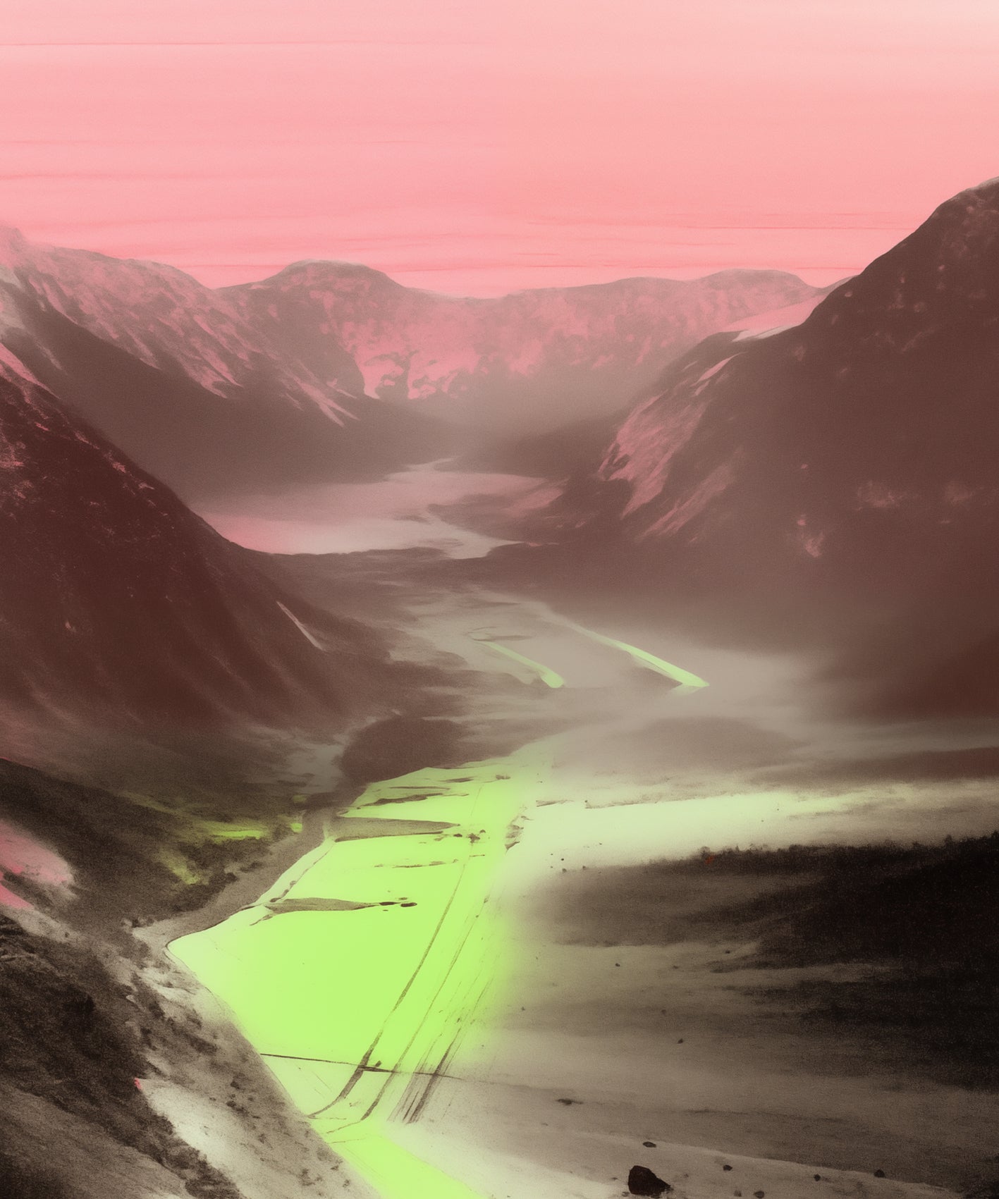 A valley in the mountains, a river flowing through it, a black and white photo with a subtle yet captivating gradient of pink and green in the style of retro color photography.