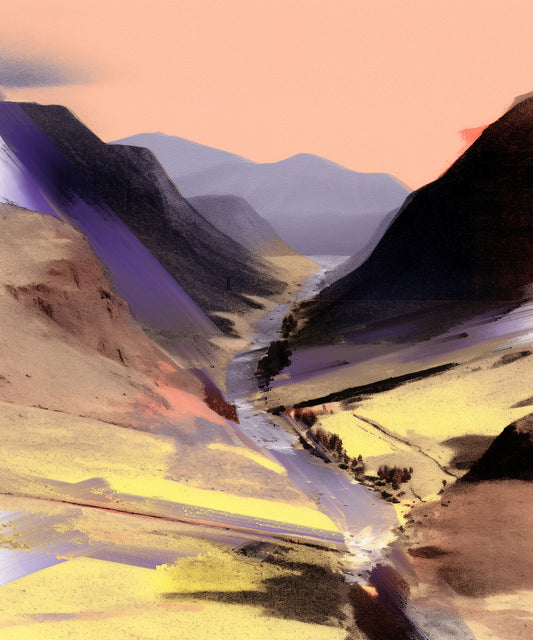 Artwok print of mountains and rivers, with a yellow stream flowing through the center. The background features pinkish red and light gray tones, creating an abstract style that is minimalist in color scheme. This artwork conveys emotions of tranquility and mystery.