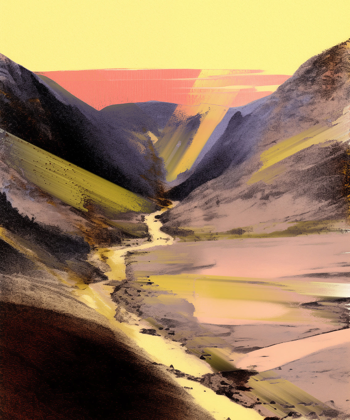 Artwok print of mountains and rivers, with a yellow stream flowing through the center. The background features pinkish red and light gray tones, creating an abstract style that is minimalist in color scheme. This artwork conveys emotions of tranquility and mystery.