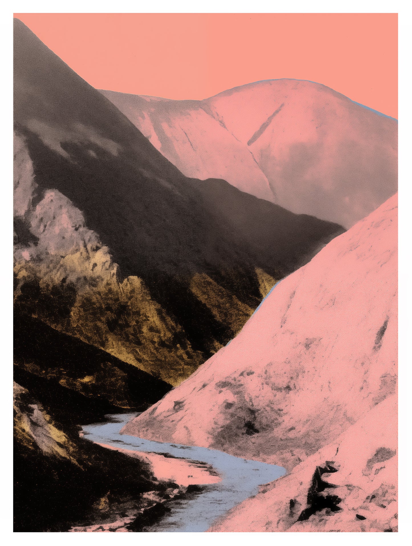 An experimental vintage photograph of the mountains and river in pink, black, white and blue tones. The image is rendered in the style of an early 20th century photographer experimenting with limited colors and tones.