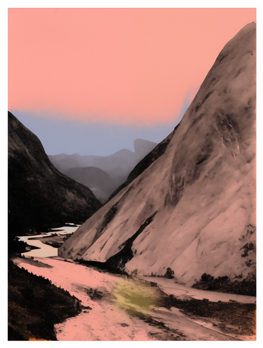 An experimental vintage photograph of the mountains and river in pink, black, white and blue tones. The image is rendered in the style of an early 20th century photographer experimenting with limited colors and tones.