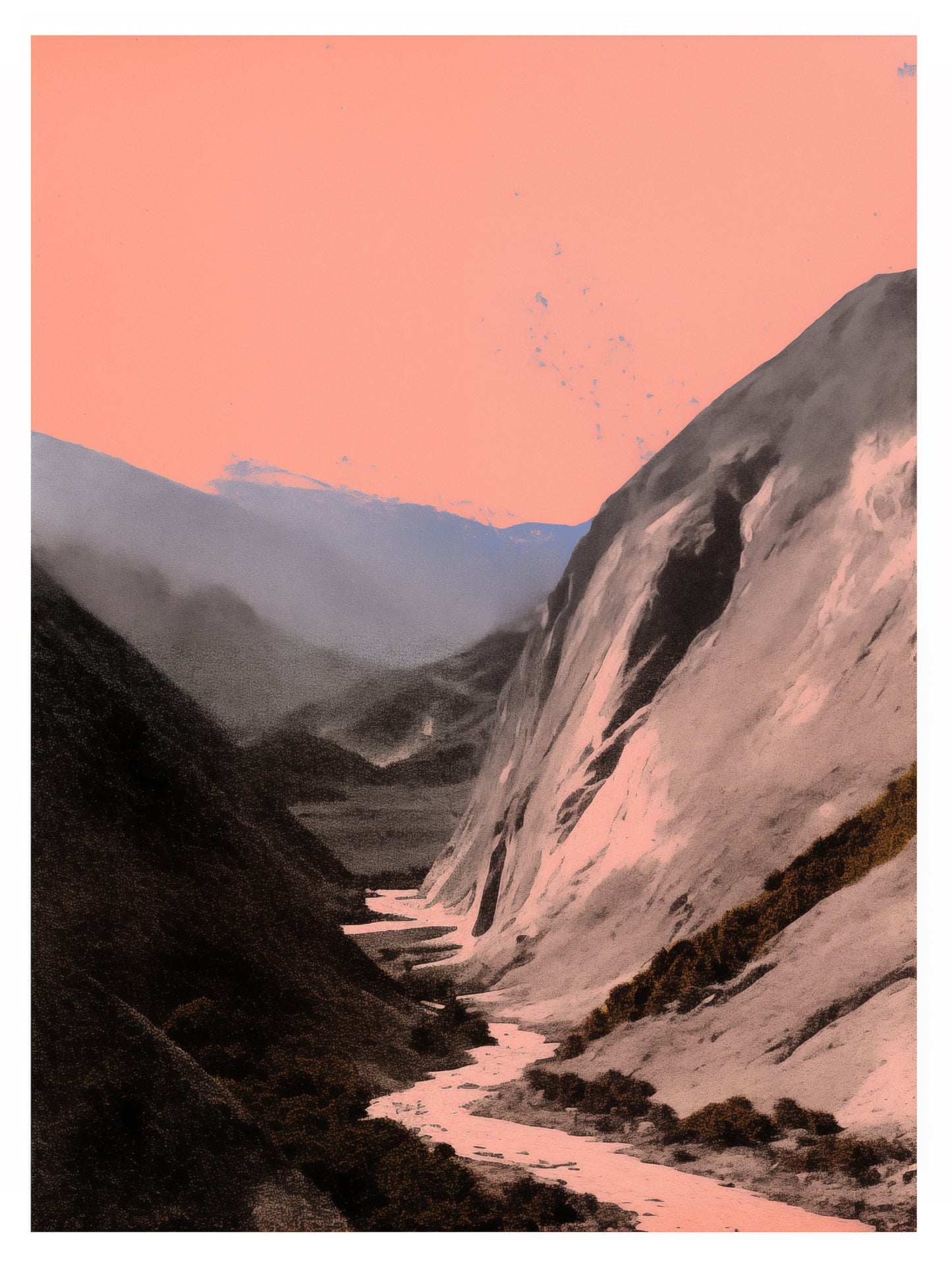 An experimental vintage photograph of the mountains and river in pink, black, white and blue tones. The image is rendered in the style of an early 20th century photographer experimenting with limited colors and tones.