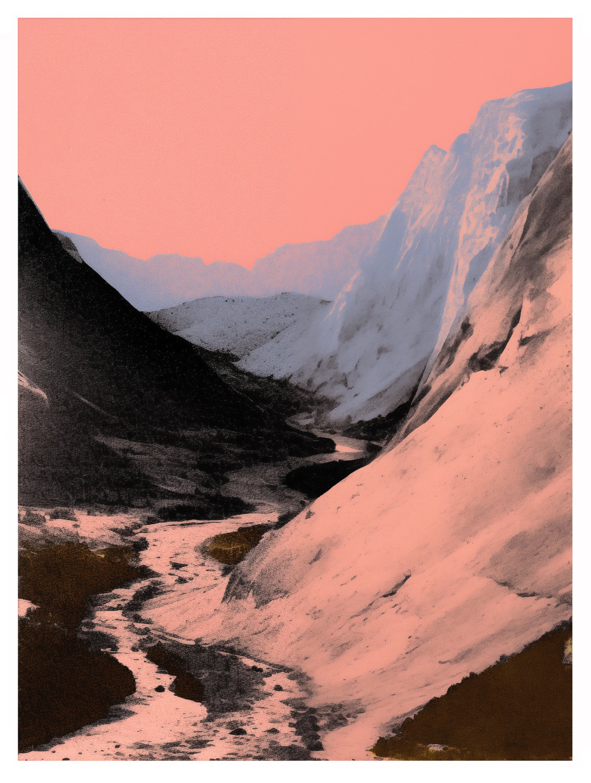 An experimental vintage photograph of the mountains and river in pink, black, white and blue tones. The image is rendered in the style of an early 20th century photographer experimenting with limited colors and tones.