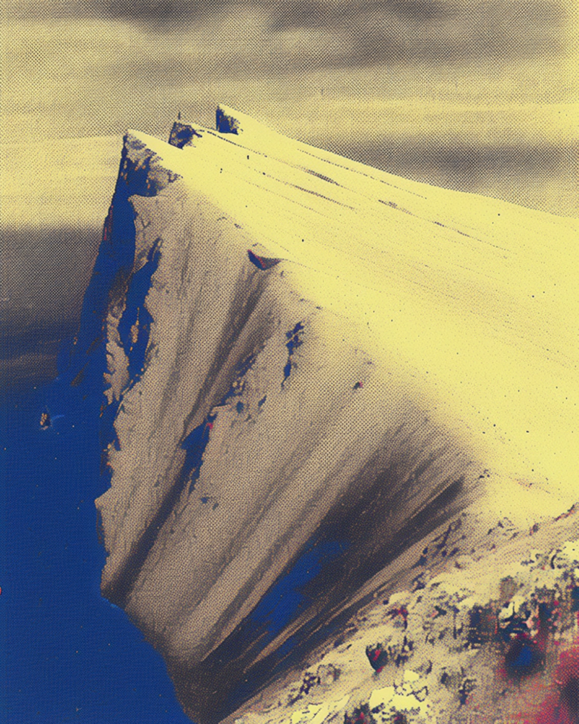 Number 1 of a set of 4 Artwork Prints that shows Aerial view of a snow-covered cliff in Antarctica. The scene is bathed in soft yellow light and exudes elegance reminiscent of classic film photography. This image portrays scenes that were once vibrant but now stood frozen for years on end. It embodies both awe-inspiring beauty and stark desolation.