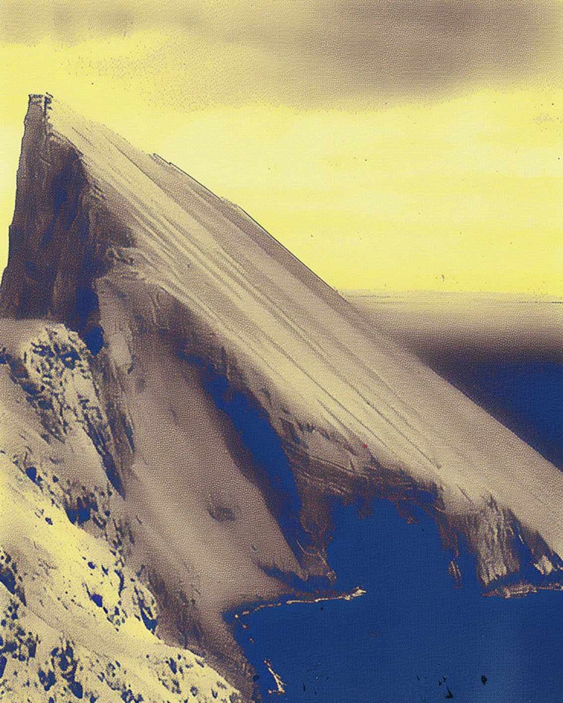 Number 2 of a set of 4 Artwork Prints that shows Aerial view of a snow-covered cliff in Antarctica. The scene is bathed in soft yellow light and exudes elegance reminiscent of classic film photography. This image portrays scenes that were once vibrant but now stood frozen for years on end. It embodies both awe-inspiring beauty and stark desolation.