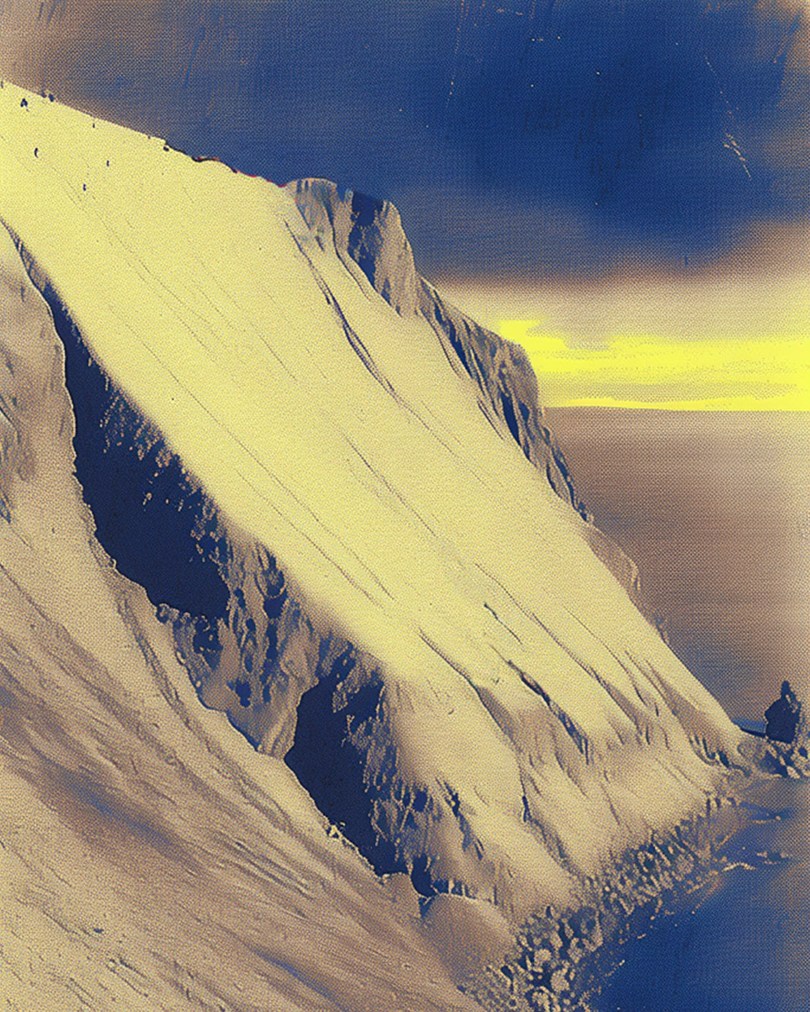 Number 3 of a set of 4 Artwork Prints that shows Aerial view of a snow-covered cliff in Antarctica. The scene is bathed in soft yellow light and exudes elegance reminiscent of classic film photography. This image portrays scenes that were once vibrant but now stood frozen for years on end. It embodies both awe-inspiring beauty and stark desolation.