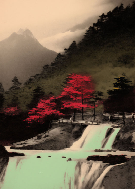 Artwork print showcasing a landscapes of a large fall flowing down a mountain with some red trees