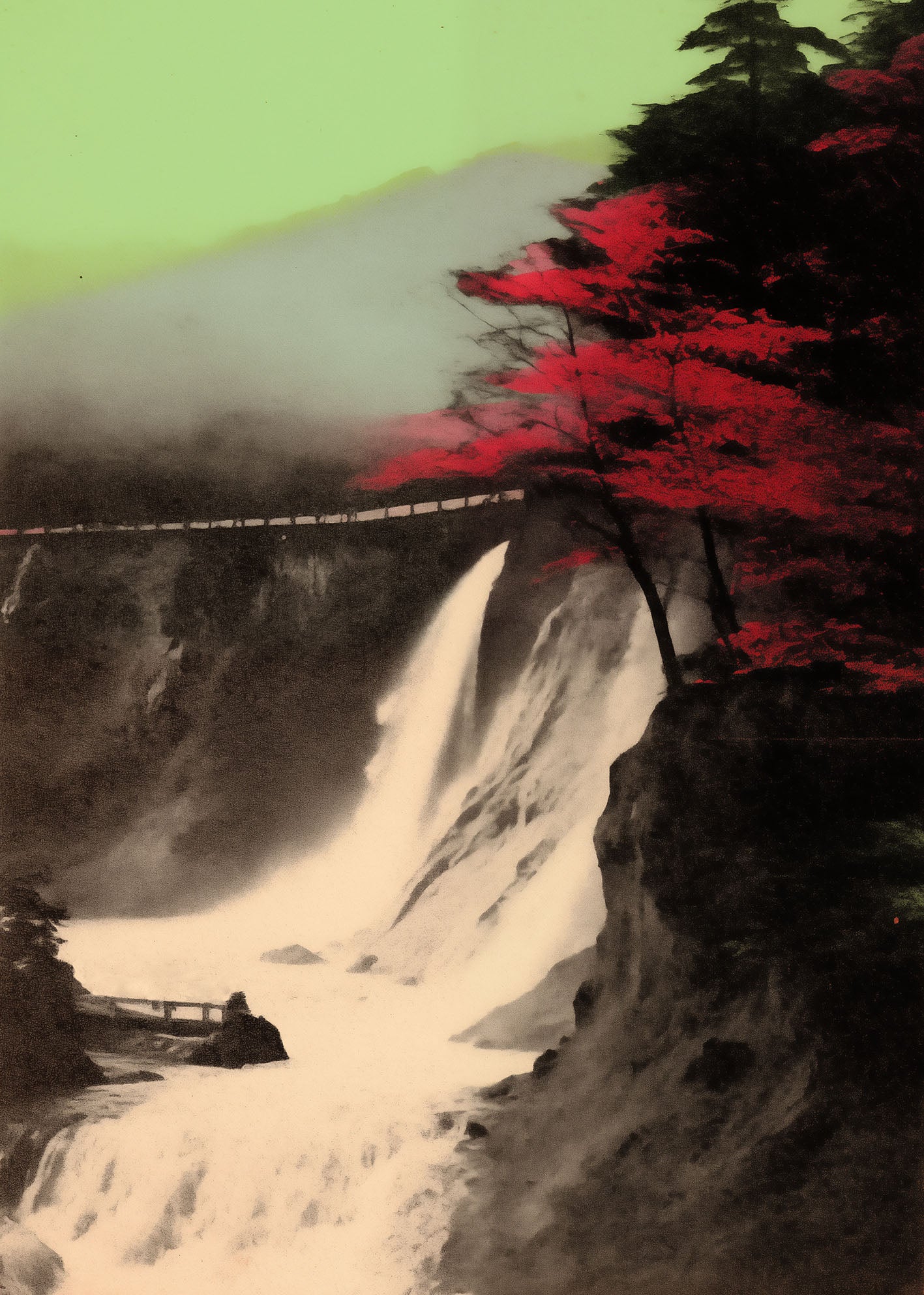 Artwork print showcasing a landscapes of a large fall flowing down a mountain with some red trees