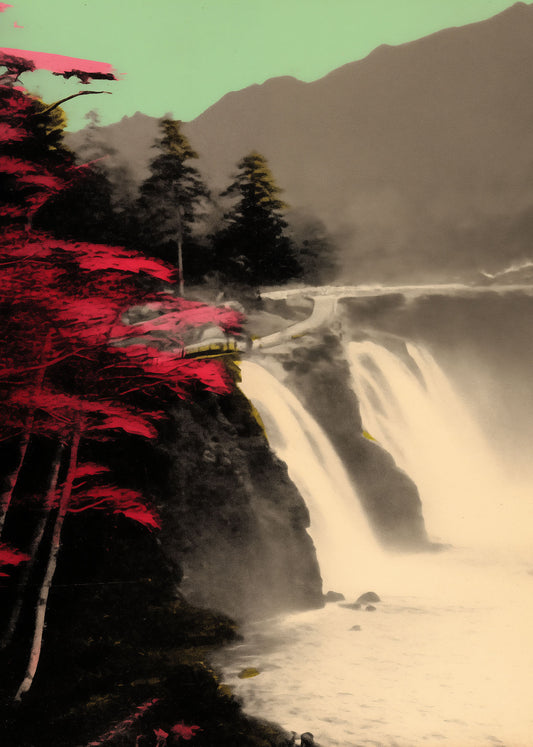 Artwork print showcasing a landscapes of a large fall flowing down a mountain with some red trees